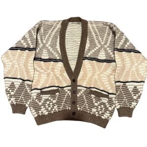 Vintage Bachrach Wool Cardigan Men Large Brown Beige Cozy Retro Grandpa Sweater
